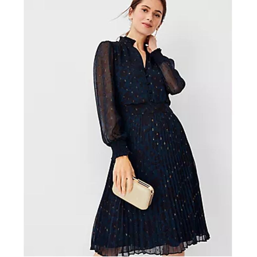 Ann Taylor Floral Ruffle Pleated Fit & Flare Dress In Midnight Spruce Women's 2